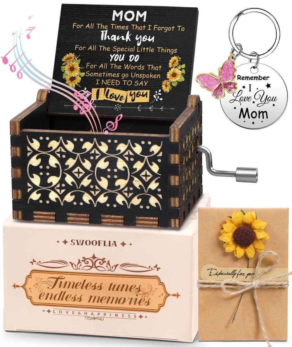1035 Mother's Day Wooden Music Box for Mom with Sunflower Greeting Card